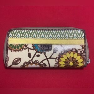 Fossil Floral Print Zip Wallet Coated Canvas Brown Leather Trim Retro Boho Slim